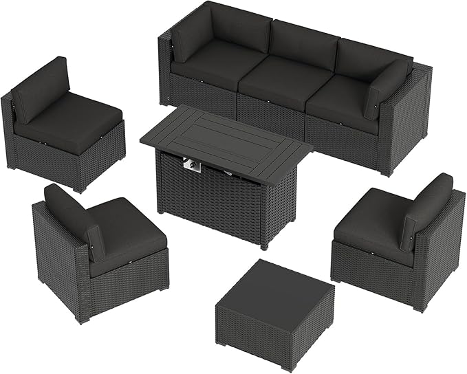 Aoxun 8 Piece Patio Furniture Set with 44” Fire Pit Table, Wicker Rattan Patio Sectional Sofa, Outdoor Furniture Set with Thickened Cushion, Black Aoxun