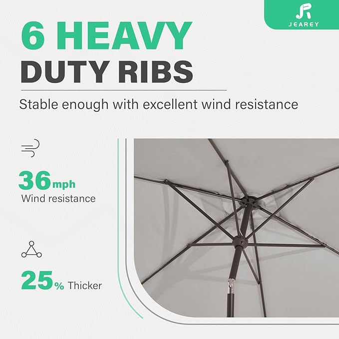 JEAREY 6.5x10 ft Rectangular Patio Umbrellas Rectangle Outdoor Umbrella with Push Button Tilt and Crank, Market Table Umbrella 6 Sturdy Ribs UV Protection for Poolside Garden Backyard Deck, Foggy Gray JEAREYOutdoorsCollection