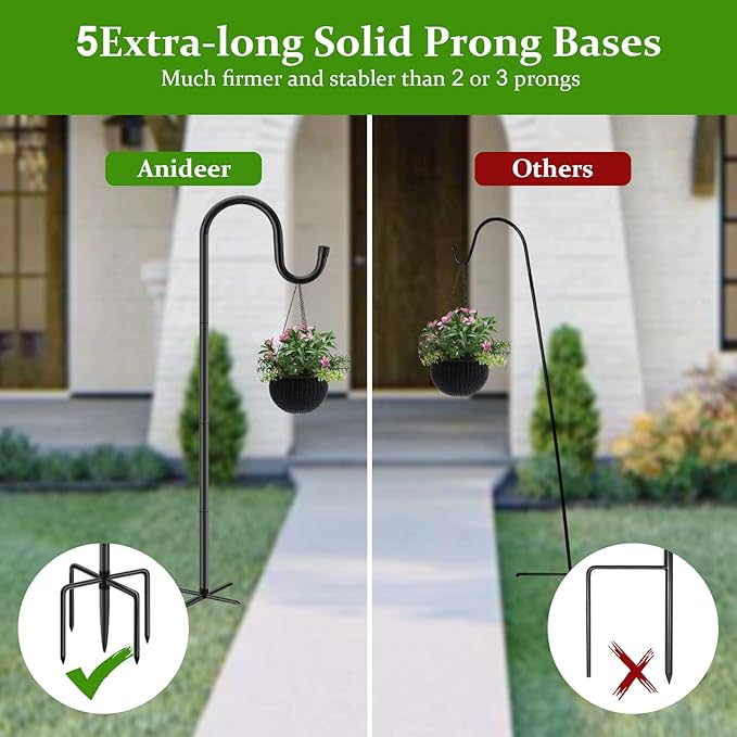 48 Inch Shepherds Hooks for Outdoor, Heavy Duty Bird Feeder Pole with 5 Prong Bases, Garden Hanging Stake for Bird Feeder, Solar Light, Plant Hanger, Wedding Decor, Metal Hanger Hooks, Black, 2 Packs Anideer