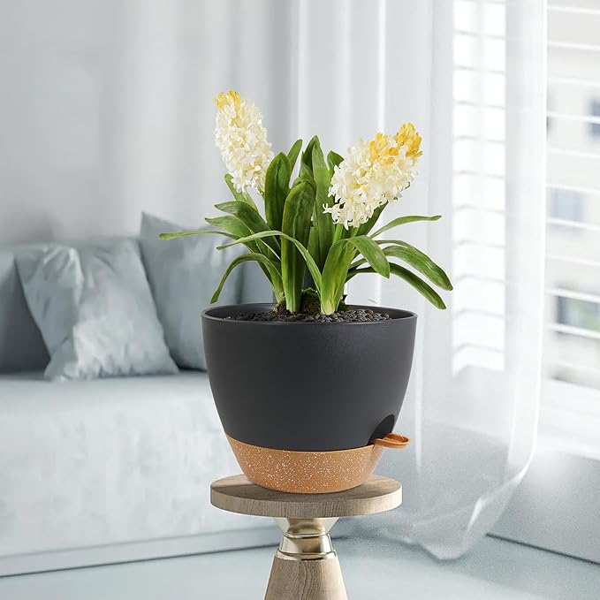 12 inch Large Self Watering Pots, Plant Pots with Mesh Drainage Holes for Indoor Outdoor Plants, Plastic Planters with Deep Reservoir for Garden House Flower Plants, Black with Brown Meowell