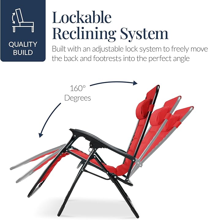 Best Choice Products Oversized Padded Zero Gravity Chair, Folding Outdoor Patio Recliner, XL Anti Gravity Lounger for Backyard w/Headrest, Cup Holder, Side Tray, Polyester Mesh - Crimson Red BestChoiceProducts