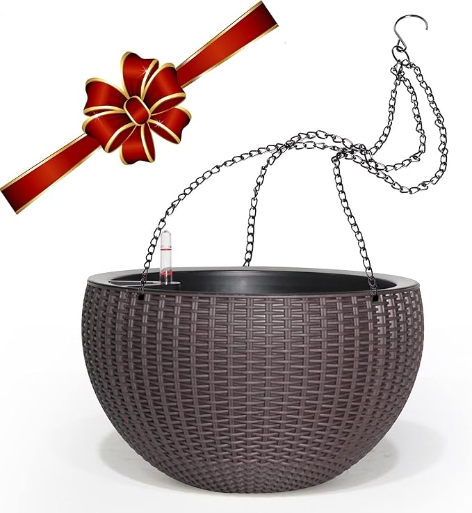 Dexceder 13.5 Inch Large Self Watering Hanging Planters Indoor Outdoor, Thickened Hanging Basket Flower Plant Pot with Water Level Indicator (Brown) Dexceder