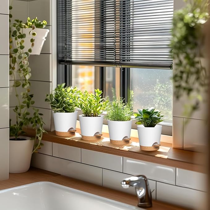 4 inch Self Watering Pots for Indoor Outdoor Plants, 6 Pack Plastic Flower Planters with Drainage Holes and Removable Saucers, Plant Pots with Wicking Rope, Modern Decor, White Brown WSMKSZ