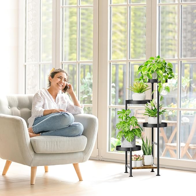 Plant Stand Indoor Outdoor, 5 Tier Metal Flower Pot Shelf Holder Clearance, Tall Corner Rack for Multiple Plants, Modern Organizer Display for Patio Orchid Office Porch Living Room Garden, Black Oppro