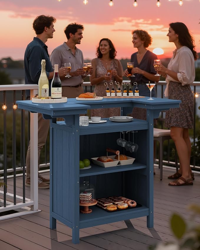 SERWALL Outdoor Bar Table Set (1 Table with 2 Chairs) – HDPE Blue Patio Bar Cabinet with 4-Tier Storage & Spacious Tabletop, Perfect for Outdoor, Poolside, Backyard SERWALL