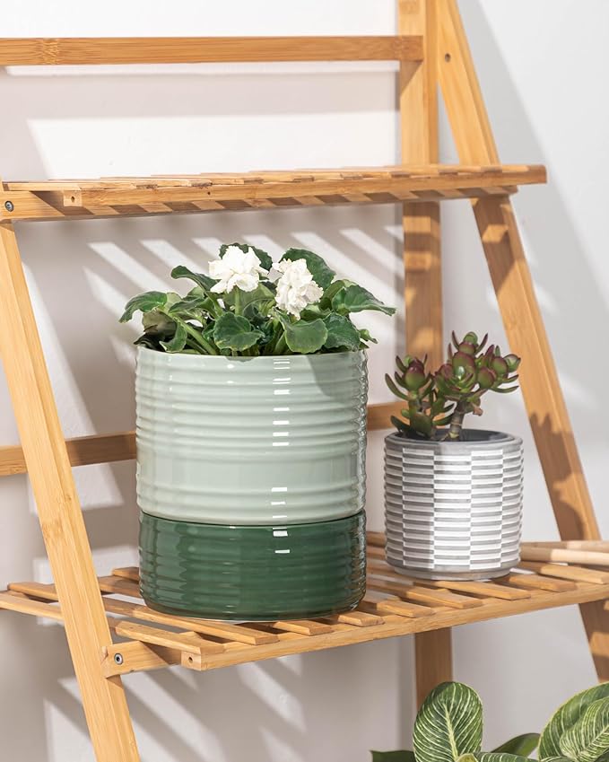 Self Watering Pots for Indoor Plants, 6 Inch Ceramic Self Watering Plant Pot, Planter Pot with Wick Rope and Drainage Hole for African Violet Succulent Herbs (Green Light) FayoulasGarden