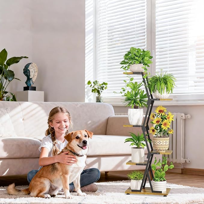 iDavosic.ly 5 Tier Indoor Plant Stand, Corner Tall Metal & Wood Flower Shelf, Orchid Display Rack for Living Room Balcony Patio Porch, Space Saving & Multifunctional Display, Black & Brown iDavosicly