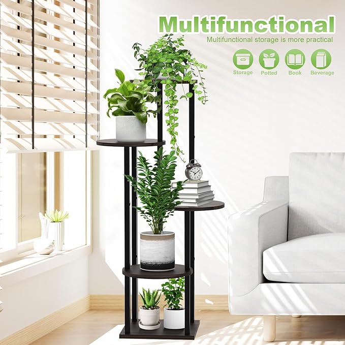 5 Tier Wood Tall Plant Stand Metal Rack Indoor, Multiple Flower Pot Holder Shelves Corner Rack, Round Planter Shelf Display Rack Storage Organizer for Patio Living Room Balcony(Black Oak) YOCOMEY