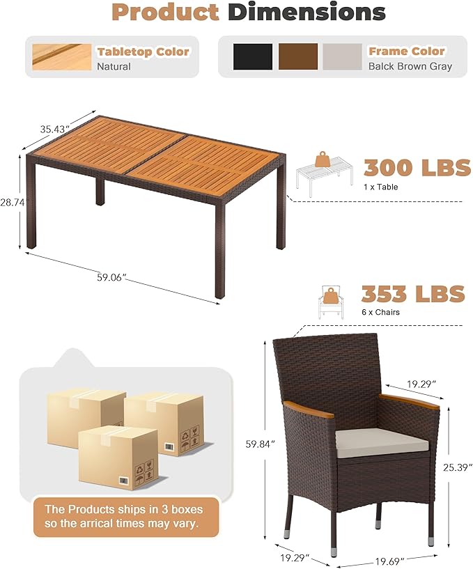 Flamaker 7 Piece Patio Dining Set Outdoor Acacia Wood Table and Chairs with Soft Cushions Wicker Patio Furniture for Deck, Backyard, Garden (Brown) Flamaker