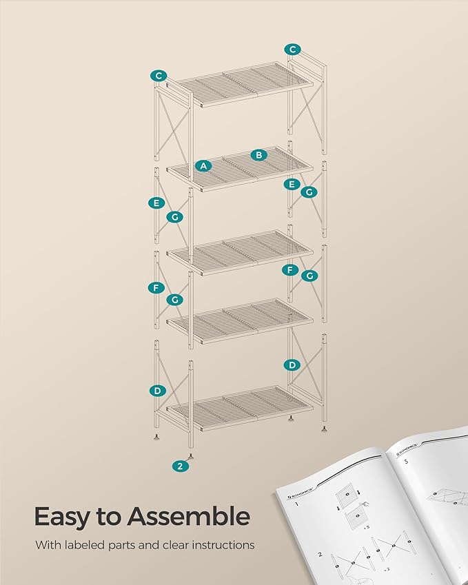 SONGMICS 5-Tier Metal Storage Rack, Shelving Unit with X Side Frames, Dense Mesh, 12.6 x 23.6 x 57.3 Inches, for Entryway, Kitchen, Living Room, Bathroom, Industrial Style, Cloud White UBSC165W01 SONGMICSbySONGMICSHOME