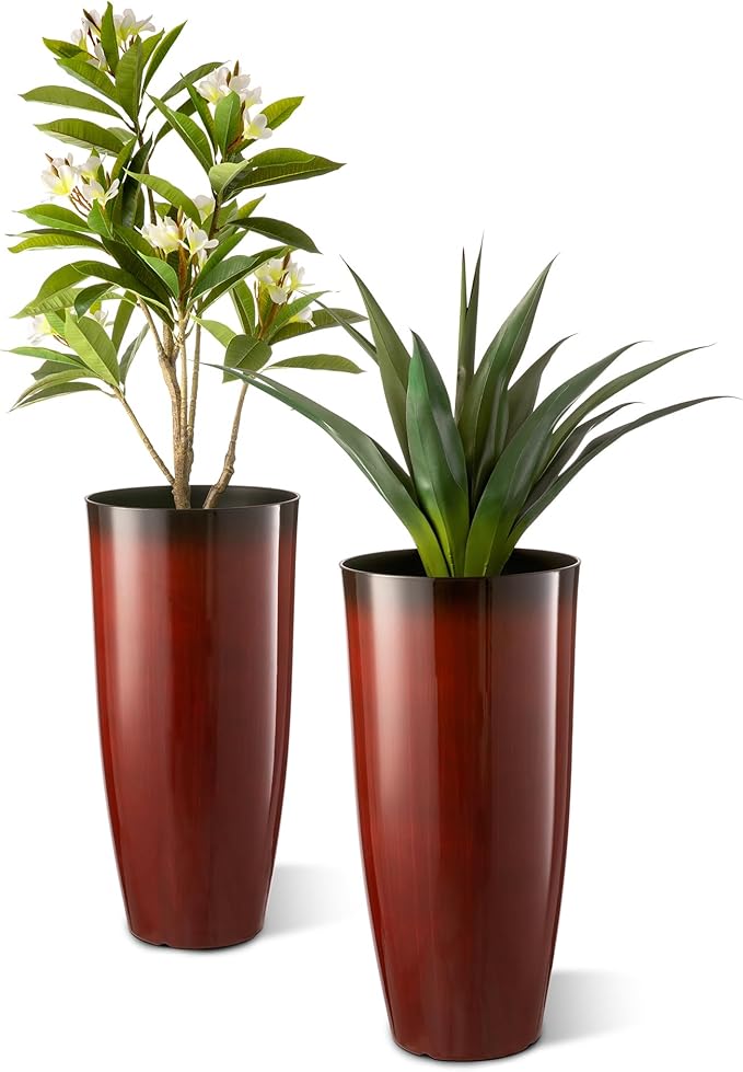Glitzhome 30" H Oversized Tall Planter, Set of 2 Large Outdoor Planters with Drainage Holes, Gradient Red Faux Ceramic Finish, Large Flower Pots Plastic Plant Pots for Indoor Outdoor Front Door Patio Glitzhome
