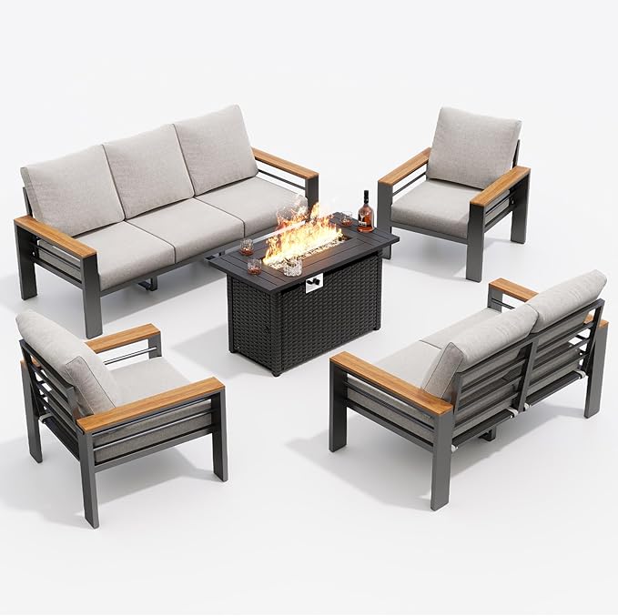 Aoxun Aluminum Outdoor Patio Furniture Set, 8-piece Outdoor Sectional with 44'' Propane Gas Firepit Table, Patio Conversation Sets with Upgraded Armrests and Cushions for Backyard, Garden and Poolside Aoxun