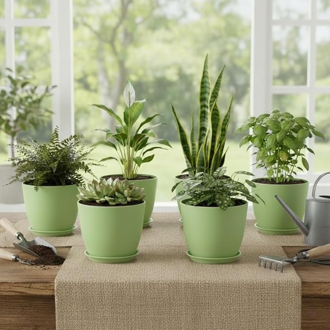 Plant Pots 8 Inch Set of 6, Flower Pots with Drainage Holes and Saucer, Plastic Garden Planters for Indoor & Outdoor Plants (Green) Vanslogreen