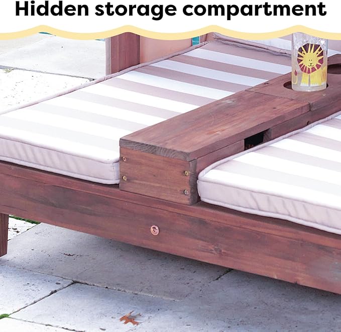 KidKraft Wooden Outdoor Double Chaise Lounge with Cup Holders, Patio Furniture for Kids or Pets, Espresso with Oatmeal and White Striped Fabric KidKraft