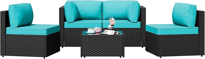Shintenchi 5 Pieces Outdoor Patio Sectional Sofa Couch, Black PE Wicker Furniture Sets, Patio Conversation Sets with Washable Cushions Glass Coffee Table for Garden, Poolside, Backyard,Blue Shintenchi