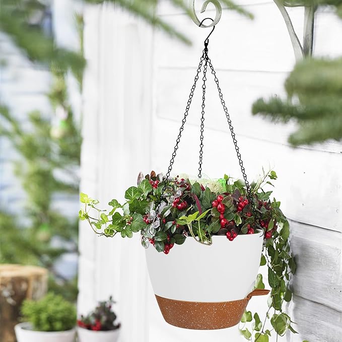10/9/8 Inch Hanging Planter for Indoor Outdoor Plants, 3 Pack Self-Watering Hanging Pot with Drainage Holes Hanging Planter Baskets Plant Pots with Removable Tray (White+Brown) Lucieblessdesign