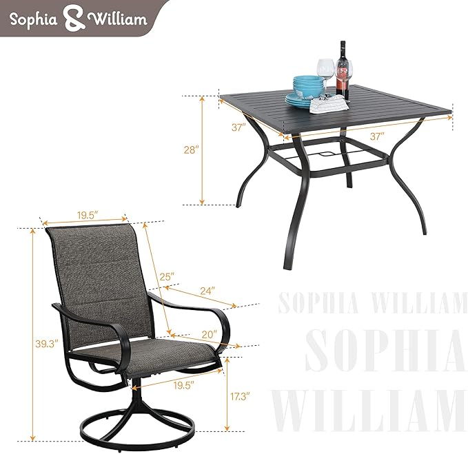 Sophia & William Patio Dining Set 5 Pieces Outdoor Furniture Set for 4 Patio Swivel Chairs Textilene Padded with 1 Metal Umbrella Table 6 Person for Lawn Garden SophiaWilliam