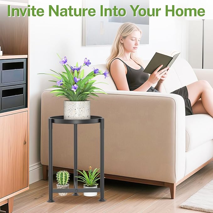 iDavosic.ly 1 Tier Corner Plant Stand Indoor, 16 Inch Tall Vertical Metal Flower Heavy Duty Pot Holder Shelf Outdoor for Patio Porch Living Room, Modern Black iDavosicly