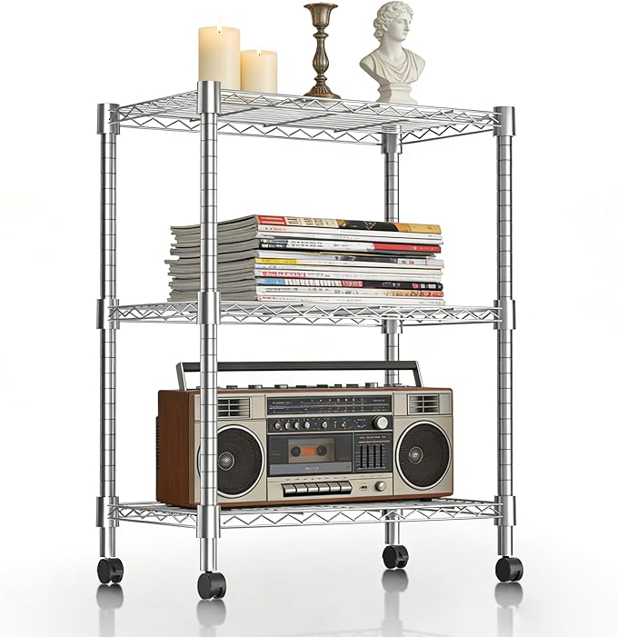 Xcity Storage Shelves, 3 Tier Heavy Duty Metal Shelving Unit with Wheels, 1050 LBS Capacity Adjustable Steel Wire Shelf Organizer for Pantry, Kitchen, Garage, 14" D x 24" W x 30" H, Chrome Rootora