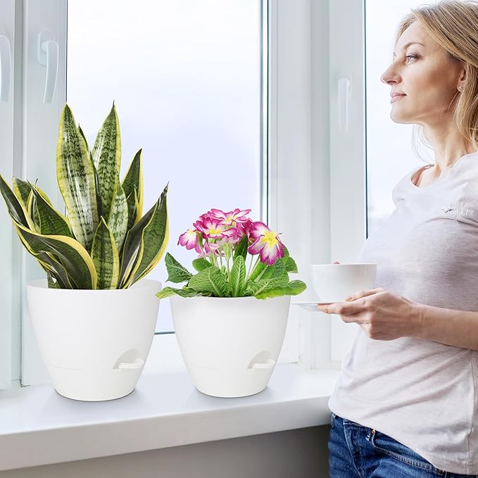 Plant Pots 10/9/8/7.5/7 Inch Self Watering Pots, Set of 5 Plastic Planters with Drainage Holes and Saucers,Plastic Flower Pots,Nursery Planting Pot for Indoor Out Door Plants(Pure White) QRRICA
