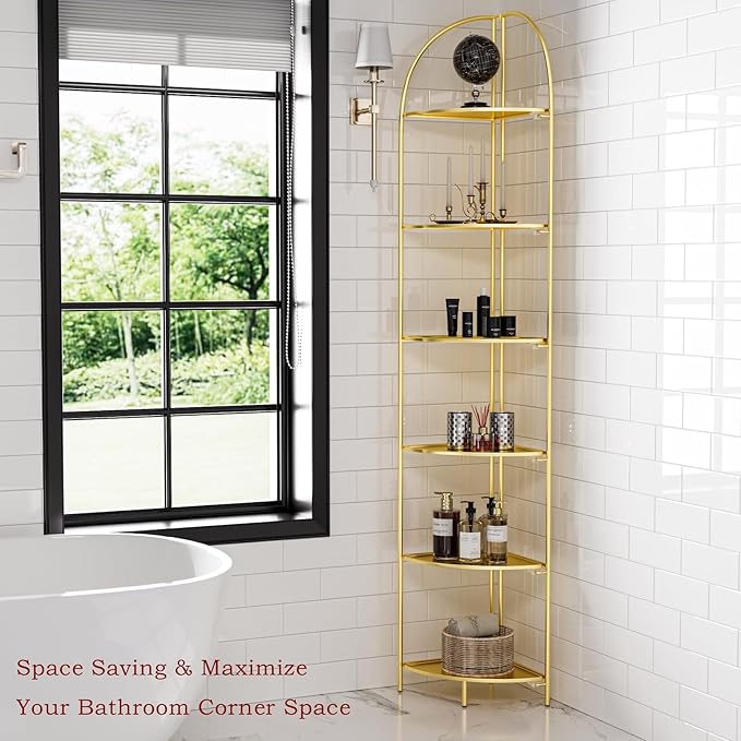 Crofy Foldable 6 Tier Corner Shelf, Metal Corner Plant Stand with Gold Frame and Gold Shelves, Corner Display Rack Multipurpose Shelving Unit for Living Room, Bedroom, Bathroom CrofyLLC
