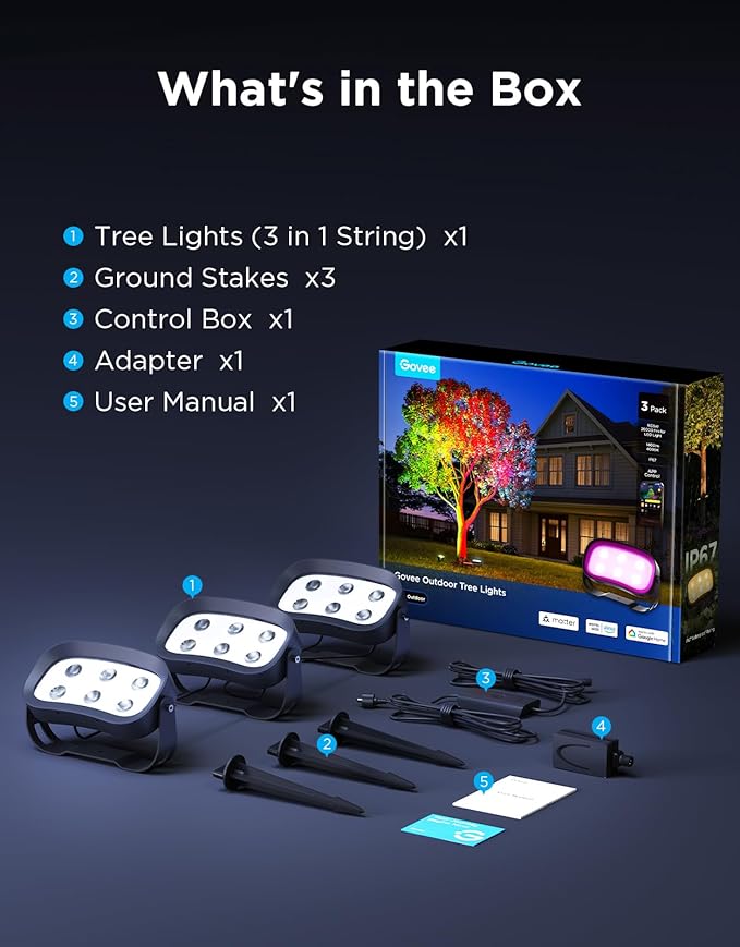 Govee Outdoor Tree Lights 3-Pack, RGBWIC LED Landscape Lighting, Outdoor Lights for Yard Garden Patio, 66 Scene Modes for Holiday Party and Event, App Control, Google Assistant, Matter Govee