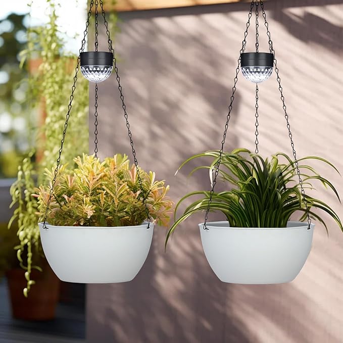 BAYN 2 Packs Solar Hanging Basket Planters for Plants Outdoor, Self Watering White Flower Plants Pots with Solar Light Drainer for Balcony Patio Garden Outdoor Decoration BAYN