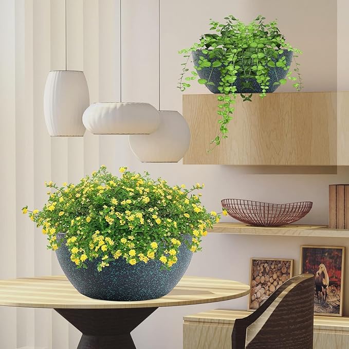 13inch Large Hanging Planters Pots for Outdoor Indoor Plants with Drainage Holes and Chain, 2pack Round Hanging Flower Pots for Garden Home Porch Decor, Black with Green Speckles WSMKSZ