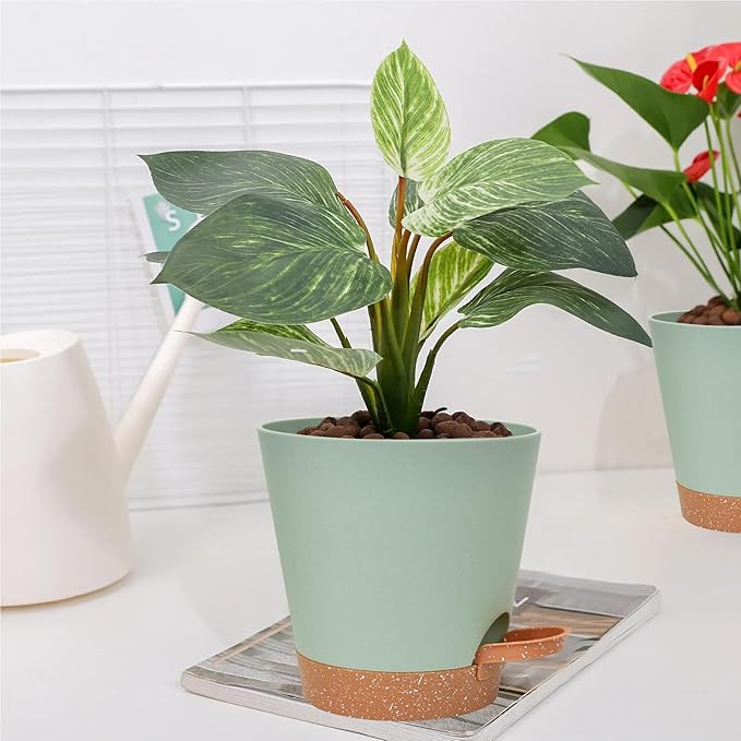 Planters for Indoor Plants 7/6.5/6/5.5/5 Inch, Self Watering Planters with Drainage Holes and Saucers 5 Pack Plastic Pots for Plants, Succulents, Herbs, Cactus, Flower Pots, Green Vanslogreen