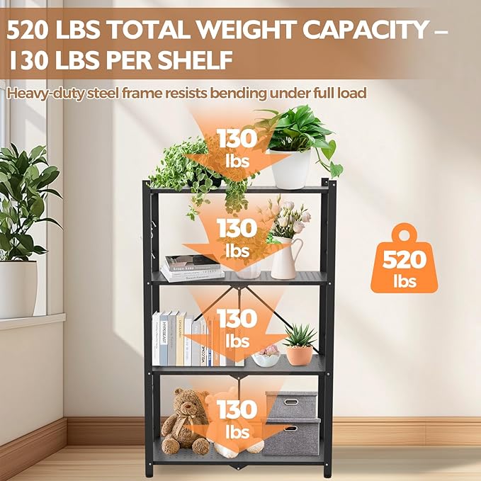 EAGLE PEAK 4-Tier Foldable Greenhouse Shelf, Heavy Duty Metal Storage Rack, No Assembly Steel Shelving Unit, Plant Stand for Greenhouse and Multi-Use Storage, 28”x14.6”x44.7”, 520 lbs, 1 Pack, Black EAGLEPEAK