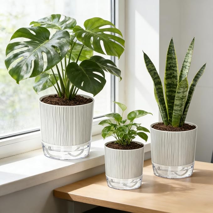 3 Pack Self Watering Pots for Indoor Plants, 4+5.5+6.3 Inch Self Watering Plant Pots, Flower Pots with Wick Rope and Reservoir - Black Stripes Samhe