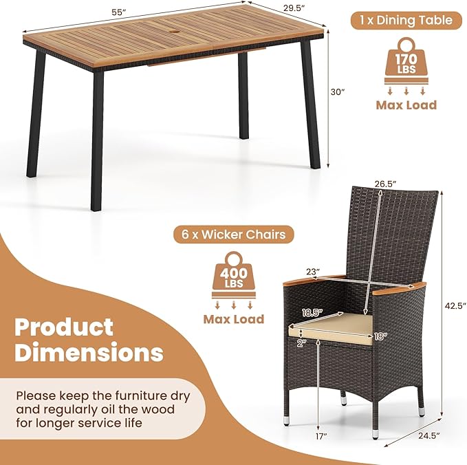 Tangkula 7 Pieces Rattan Outdoor Dining Set for 6, Outdoor Acacia Wood Table Set with 6 Cushioned Wicker Chairs, Umbrella Hole, Patio Dining Furniture Set for Deck Pool Backyard TANGKULA