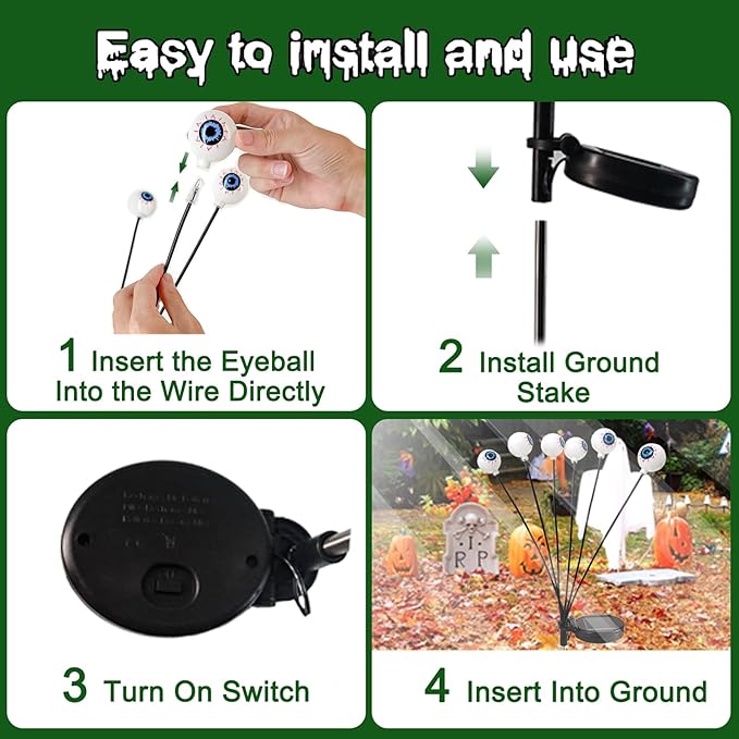 Halloween Solar Lights Outdoor Waterproof Solar Scary Eyeball Lights, 2 Pack Green Eyeball Swaying Firefly Lights, Solar Halloween Path Lights for Yard Garden Lawn Party Decor, YShengMian