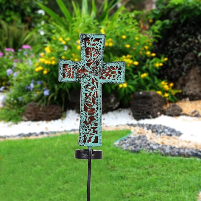 Solar Cross Garden Stake Lights 38inch Outdoor Waterproof Memorial Garden Decor 2 Lighting Modes Cemetery Decorations for Grave for Remembrance Gifts & Sympathy Gifts (Blue Cross) HUYIENO