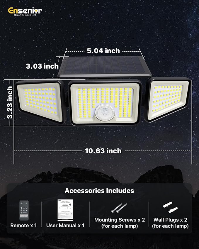 Ensenior Solar Lights Outdoor Motion Sensor, 2600LM 220 LED High Brightness, 3 Head 270° Wide Angle Flood Lights, Remote Control Security Lights 4 Modes, IP65 Waterproof Wireless Wall Light, 3 Pack Ensenior