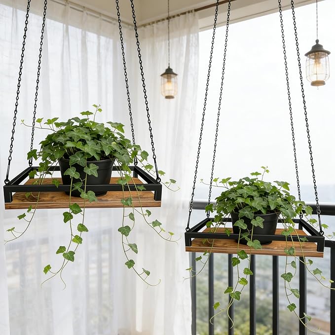 Plant Hanger Indoor, 11.8" Wooden Hanging Plant Holder with Metal Frame Hanging Planter for Indoor Plants Load 50LB Hanging Plant Shelf with 27.6" Long Chain, Ideal for Heavier Pots Ceiling(2 pack) Lilybud--lily