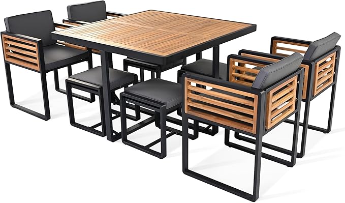 Merax 9 Pieces Outdoor Dining Set for 8 People, Acacia Wood Patio Furniture Sets with 1 Square Table, 4 Cushioned Chairs and 4 Ottomans for Backyard, Garden, Lawn, Poolside, Space Saving Design, Gray Merax
