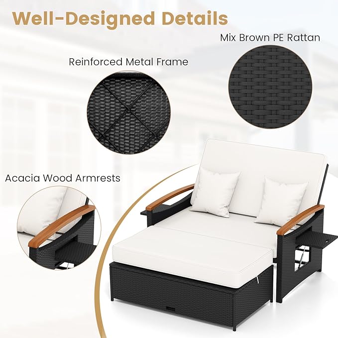 Tangkula Patio Rattan Daybed with 4-Level Adjustable Backrest, Outdoor Wicker Loveseat with Acacia Wood Armrest, Storage Ottoman & Folding Tray, Double Sunbed for Yard & Poolside (White & Black) TANGKULA