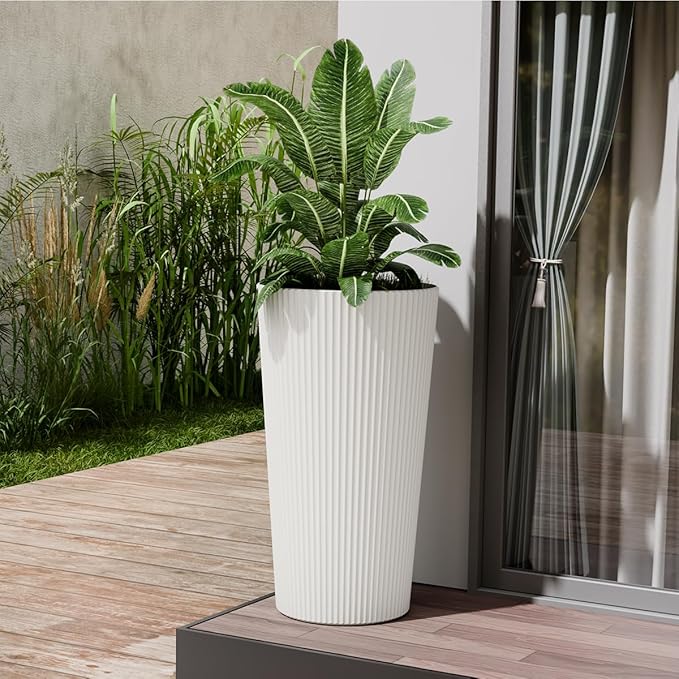 23.6" Tall Planters for Outdoor Plants,Large Outdoor Planters for Front Porch Decor with Drainage Hole, Flower Pots Fits Indoor Plants Patio/Garden, Plastic Striped White (2 Pack) Outdoorchairs