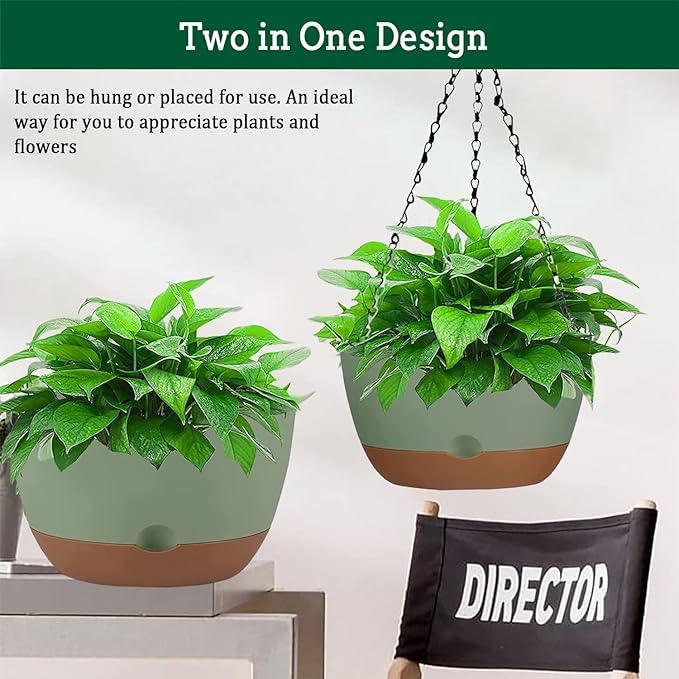 Hanging Planter Self Watering 10 Inch, 2 Pack Indoor Outdoor Hanging Baskets, Hanging Flower Pots with Drainage Hole & 2 Kinds of Plant Hangers for Garden Home Decor(Green)… Koalaime
