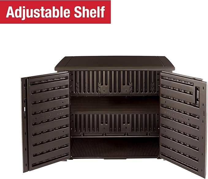 Rubbermaid Decorative Outdoor Storage Cabinet (123 Gal), Weather Resistant, Brown, Organization for Home/Backyard/Pool Chemicals/Toys/Garden Tools/Porch/Patio Cushions Rubbermaid