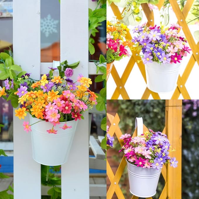 KINGLAKE Flower Pots,10 Pcs Metal Iron Hanging Flower Plant Pots Balcony Garden Plant Planter Baskets Fence Bucket Pot 4'' Flower Holders with Detachable Hook White KINGLAKE