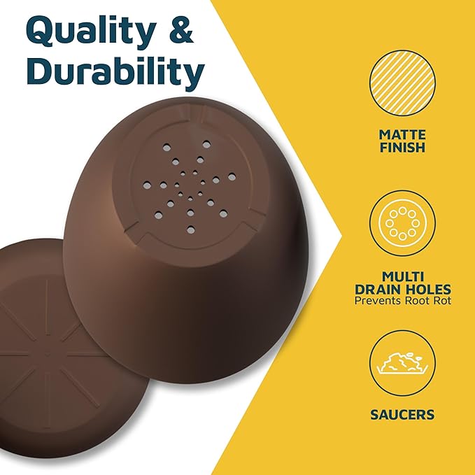 Planter Pots with Drainage Holes - Lightweight, Durable & Space-Saving Pots for Indoor and Outdoor - Versatile Functionality, Simple Modern Design, Set of 5 Plastic Planter Pots - Brown LIFEMASTER