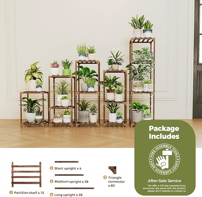 Bamworld 5 Sets Plant Stands Indoor Outdoor Combo Plant Shelves Wooden Plant Holder Rack for Multiple Plants Flower Stands for Living Room Balcony Garden Patio Lawn Window Bamworld