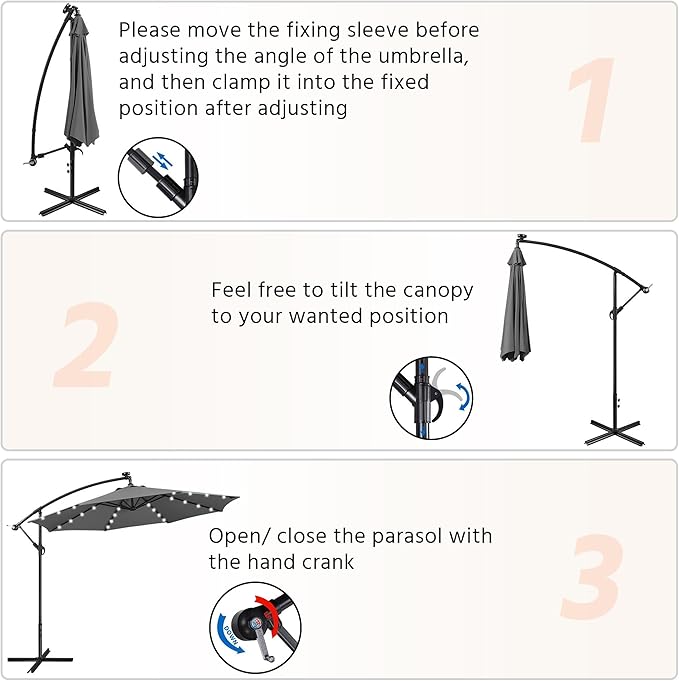 Yaheetech 10FT Solar Offset Umbrella with 32 LED Lights Cantilever Hanging Outdoor Umbrellas Handy Crank & Cross Base for Lawn/Deck/Backyard/Pool Gray Yaheetech
