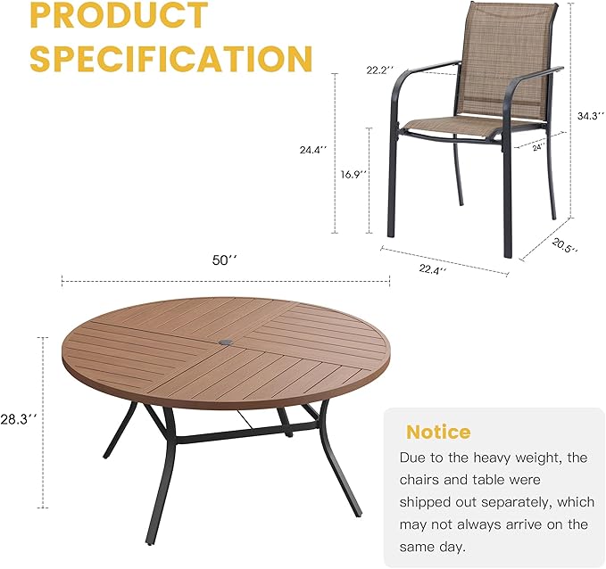 VICLLAX Patio Table and Chair Set of 6, All Weather Metal Round Outdoor Dining Furniture Set-50 Round Outdoor Table and Chairs, Walnut Wood Grain Tabletop HOME