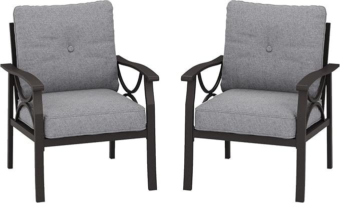 RoyalCraft 2 Pieces Outdoor Single Sofa,All-Weather Patio Metal Armchair,Khaki Metal Furniture with Gray Cushions Bringyoubetterlife