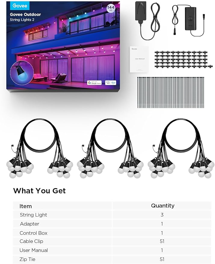 Govee Smart Outdoor String Lights 2, 144ft Outdoor Lights with Dimmable Warm White LED Bulbs, 47 Scene Modes for Patio, Backyard, Balcony, IP65 Waterproof, Works with Alexa, App Control Govee