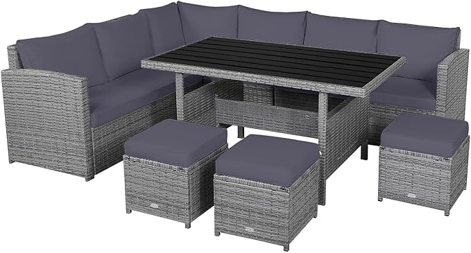 Tangkula 7 Pieces Patio Furniture Set, Outdoor Sectional Rattan Dining Sofa Set with Cushions, All Weather Wicker Conversation Couch Set with Dining Table & Ottomans for Yard Garden Poolside, Grey TANGKULA