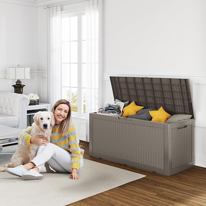 ROJIK Outdoor Storage Housing Deck Box - Waterproof Patio Furniture, Garden Tools, Cushions, Pool Accessories Storage Bench with Lockable Lid and Side Handles (Grey 110 Gal) ROJIK